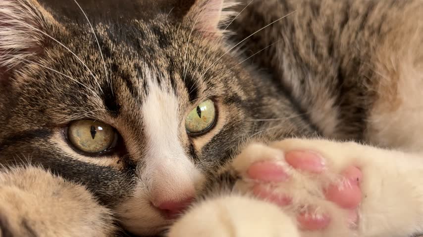 Close up of tabby cat lying down with paws visible, looking at camera.
