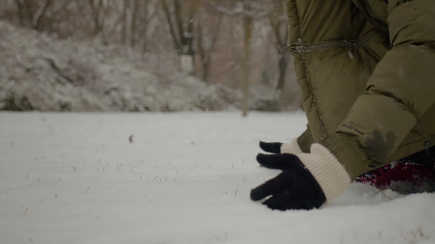 A woman is actively shoveling snow in a serene park during winter. The snow is gently falling, creating a beautiful winter scene.