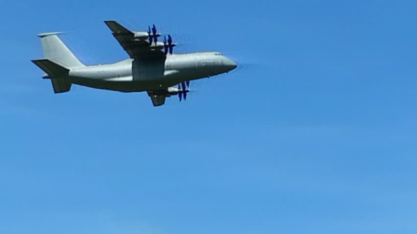Freight carrier AN-70 flying over camera on air show
