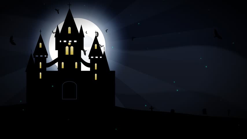 Silhouette of a gothic castle against a full moon with bats and shifting neon text colors. Dark and atmospheric mood. Ideal for seasonal event openers or spooky social media posts.