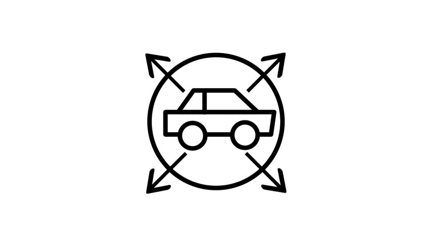 Black line icon of a car inside a circle with outward arrows symbolizing surround view monitoring, vehicle camera system and driver safety assistance