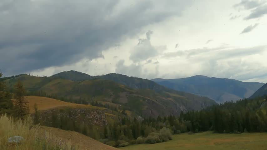 Mountain valley displaying rolling terrain dotted by evergreen trees, golden grassland, layered peaks receding into distance, dramatic cloudy sky casting soft lighting over wilderness creating moody.
