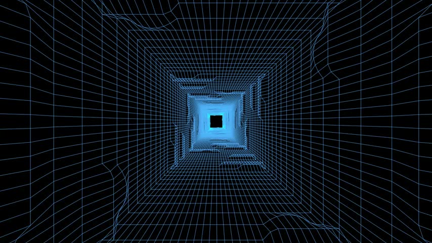a blue and black tunnel with a light at the end. High quality commercial stock video footage.
