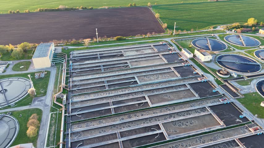 Aerial view of parallel aeration basins with foaming water beside circular clarifiers, connected by walkways and service roads within a wastewater treatment plant.