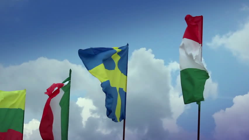 Various flags on flagpoles: Sweden, Hungarian, Italian, Romanian. Sweden, Italy