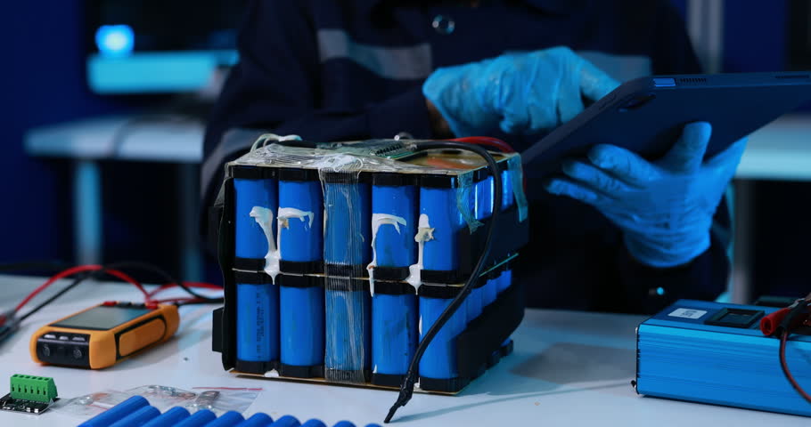 Technician wearing blue gloves inspects a damaged lithium battery pack with a tablet and testing tools in a dark repair workshop.