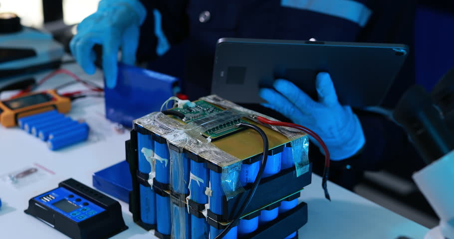 Technician in blue gloves inspecting a damaged electric vehicle battery pack with a tablet at an electronics repair bench.