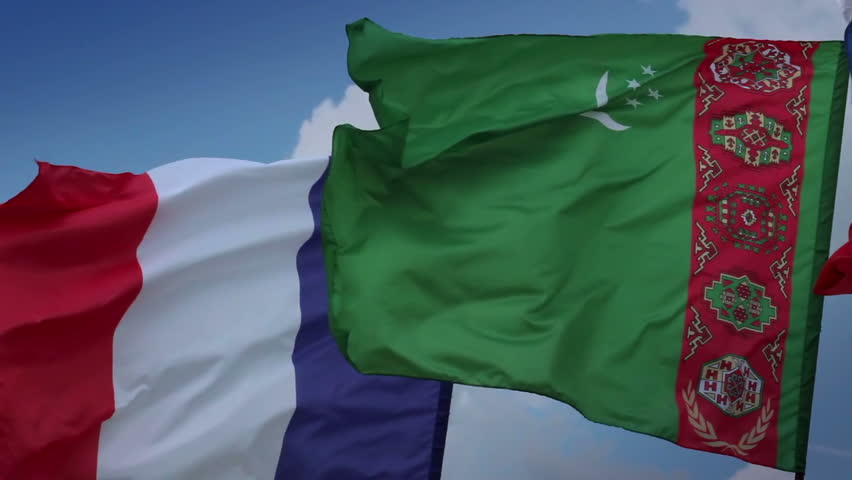 Lightning strikes in French flag. Turkmen, Russian flags. France, Turkmenistan