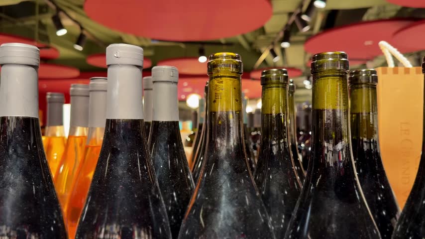 Assorted Alcohol Bottles on Display in Wine Section – Variety of Wine, Spirits and Liquor on Store Shelves