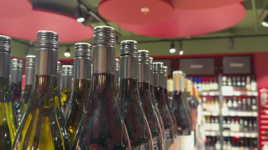 Assorted Alcohol Bottles on Display in Wine Section – Variety of Wine, Spirits and Liquor on Store Shelves