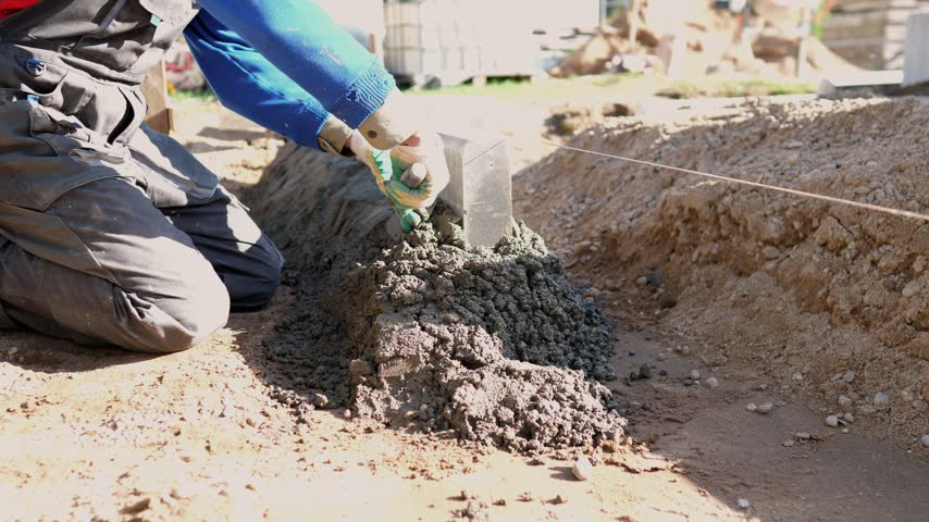 Gloved worker spreads fresh mortar along ground and places concrete curb blocks for outdoor edging repair, kneeling near string line while smoothing cement mix with trowel.