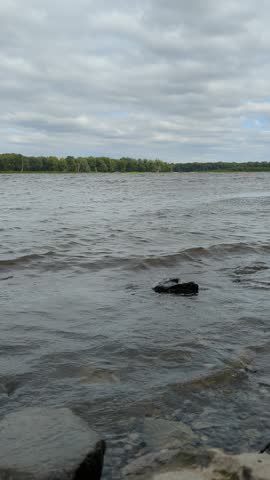 The Mississippi River looking across from the Iowa side to Illinois at the Port Louisa National Wildlife Refuge. The waves of the river lapping at the rocks on the shore.