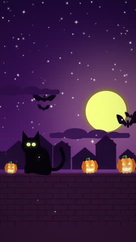 Halloween Black Cat Silhouette Background with Moon and Bats