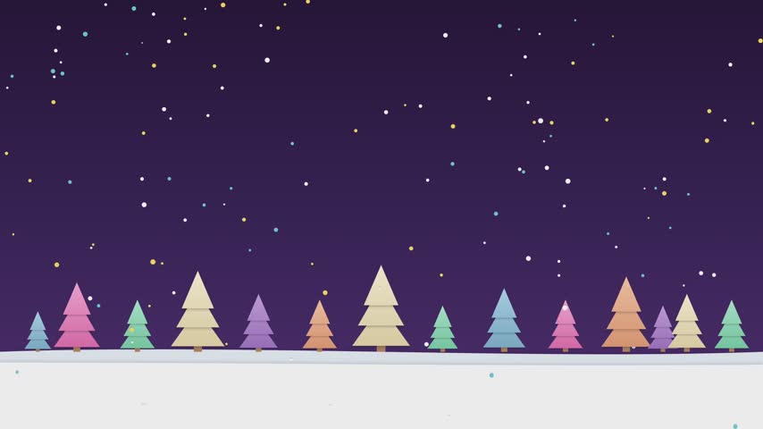 Colorful stylized winter trees with falling snow background