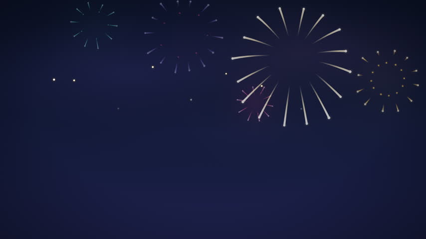 Waves of gold firework bursts bloom across the upper midnight sky above a clean lower third in a seamless looping motion graphic for video backgrounds
