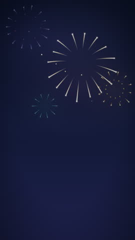 Large gold and teal firework bursts stack high in a midnight sky above open copy space in a seamless vertical motion graphic for mobile format use