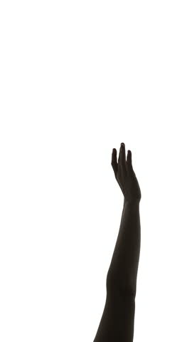 Close up of a black silhouette hand and arm reaching upward against white background