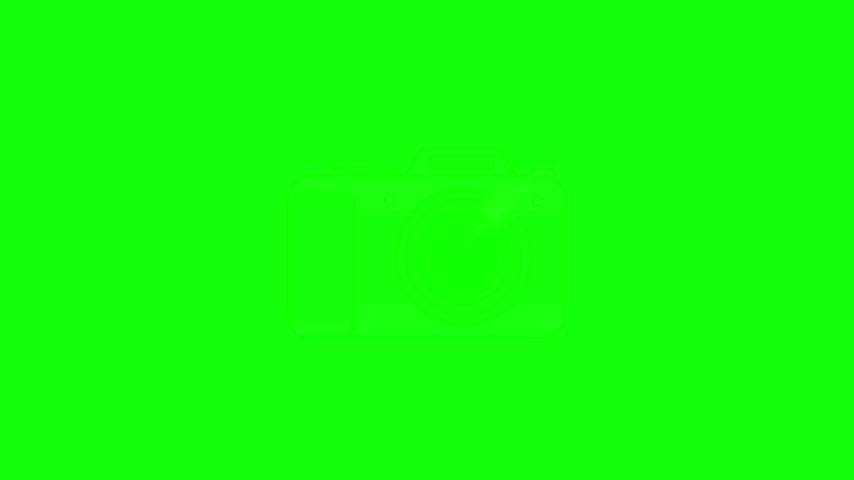 A stylized 2D flat animation of a digital camera capturing a photograph with a bright lens flare effect. The camera icon features a clean minimalist design against a vibrant green screen background, making it perfect for chroma key editing. This graphic representation symbolizes photography, visual media, content creation, and digital imaging technology, ideal for creative motion design projects, social media branding, or video editing overlays.