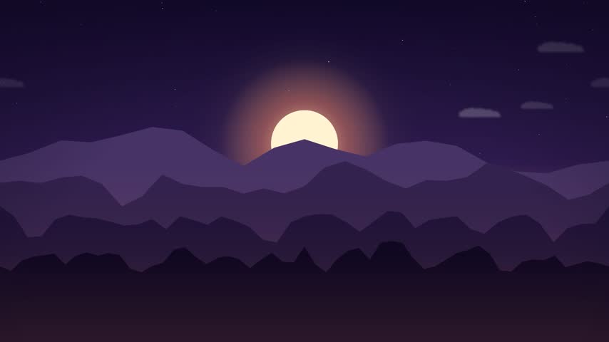 Minimalist 2D Animation of Moon Rising Over Purple Layered Mountains