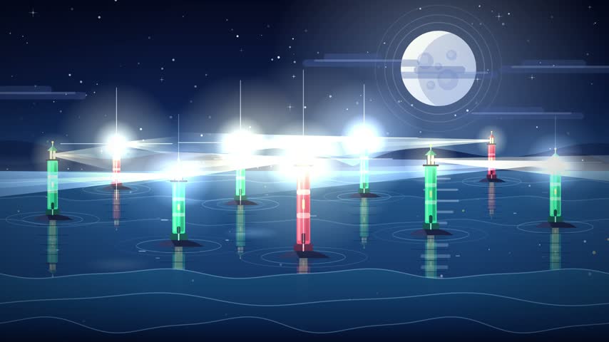 Multiple lighthouses flashing bright searchlight beams across dark ocean water under moonlight in this smooth animated vector video footage clip for multimedia art backgrounds