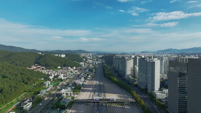 Aerial View of Seoul Tollgate and Highway Traffic in Seongnam, Gyeonggi Province, South Korea