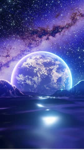 glowing earth planet rising over dark alien landscape with starry sky