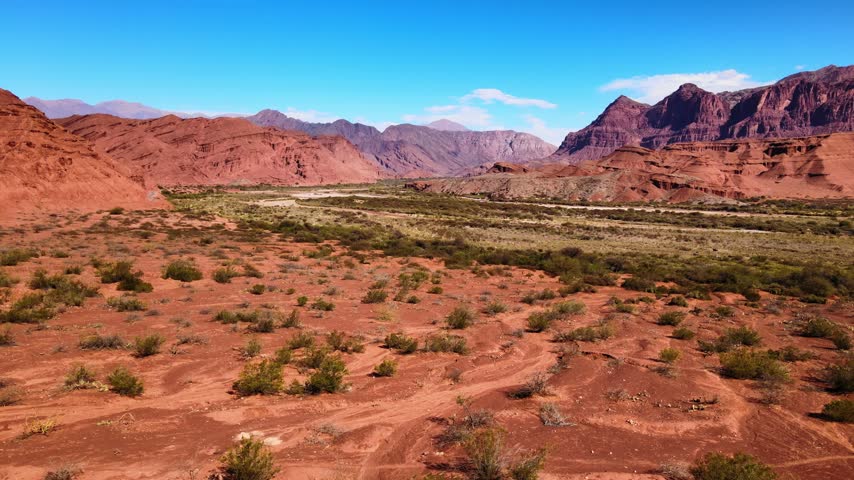 Dry red desert plain with scattered shrubs stretches toward rugged mountains in Quebrada de las Conchas, Salta.