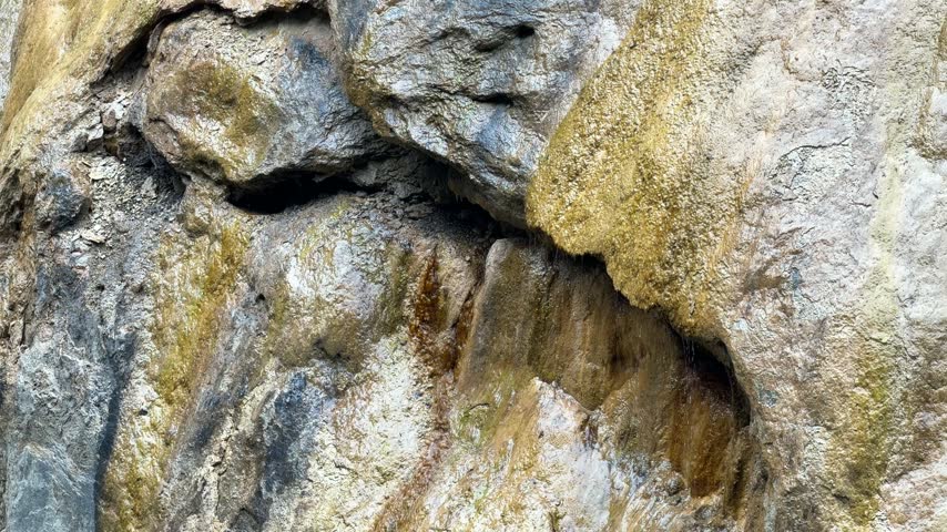 Close-up of water seeping over colorful mineral-stained rock with ochre and green streaks at Johnston Canyon in Banff National Park, Alberta, a natural rock texture.