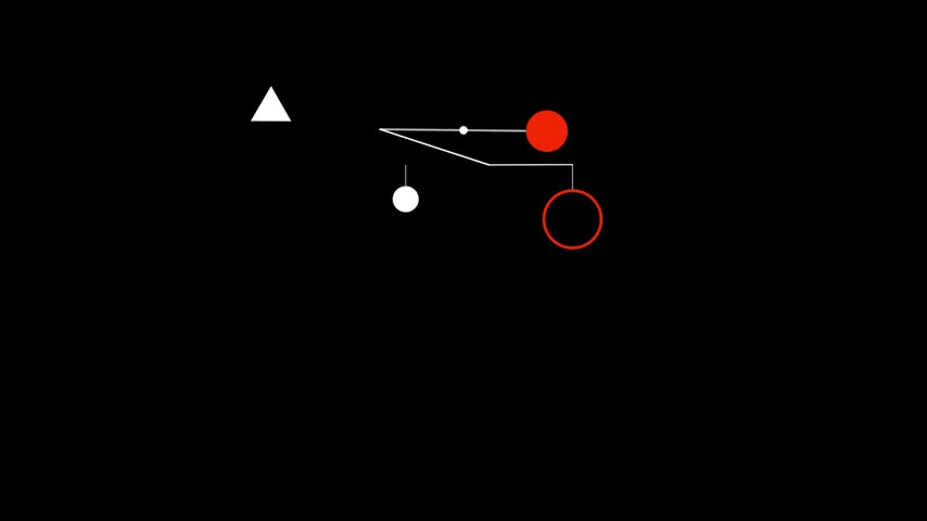 A minimalist graphic design featuring a white triangle, a solid red circle, a small white circle, and a red circular outline connected by thin lines.
