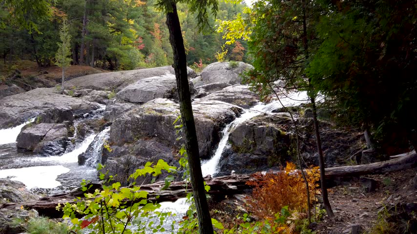 Scenic waterfall cascading down rocks and a stream flowing through a lush autumn forest in Michigan.