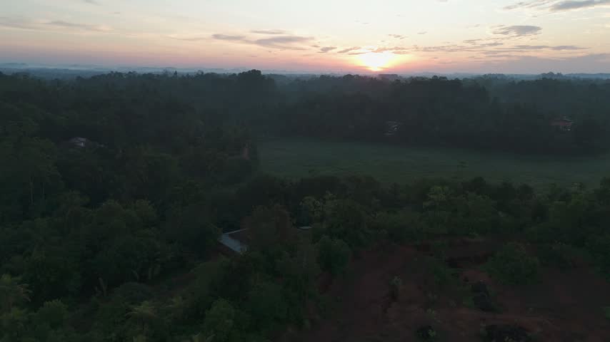Drone landscape at sunrise showing tropical village rooftops and palm trees beside wide green fields and misty countryside, peaceful rural morning scenery.
