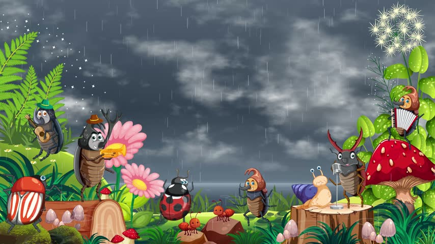 Cute cartoon insect band plays musical instruments in a rainy forest clearing with mushrooms.