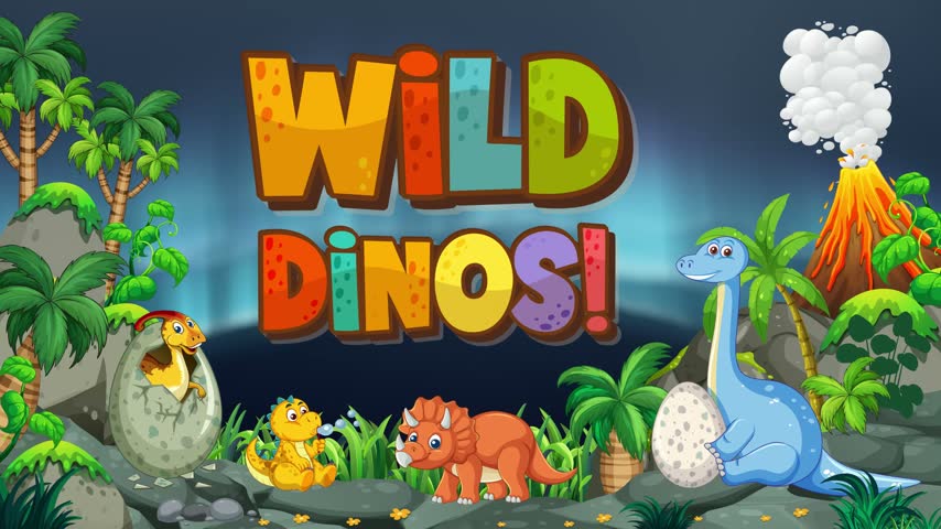 Animated cartoon prehistoric jungle background with hatching dinosaur eggs, erupting volcano, and text.