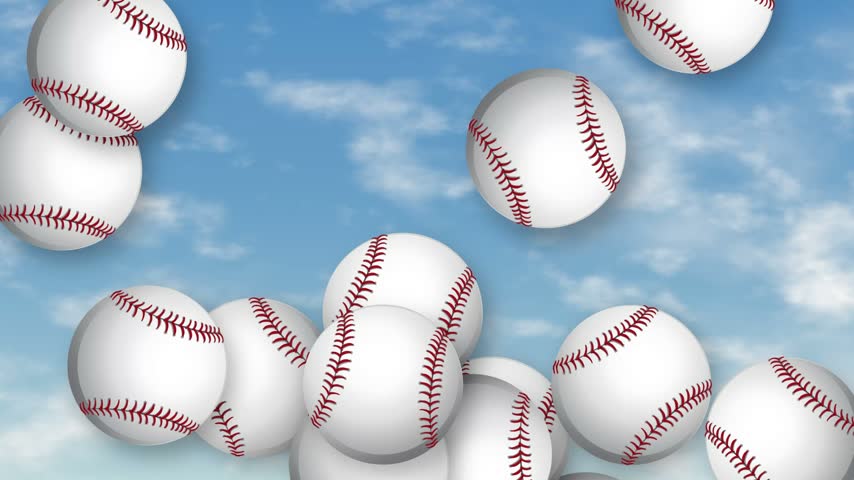 Multiple baseballs bounce and fly across a bright blue sky with soft white clouds.