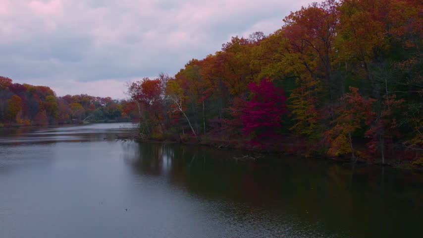 Drone view of calm lake water bordered by vibrant red, orange, yellow, and green autumn trees at Mill Creek Park in Youngstown, Ohio.