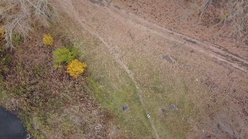 Aerial view of a dirt path through autumnal terrain. Yellow shrubs contrast with dry grass and earth tones. Tracks mark the path, suggesting recent activity