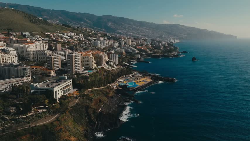 Aerial View Of Waterfront Hotels And Coastline Of Funchal In Madeira, Portugal.