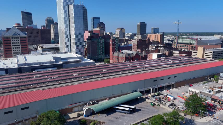 Aerial perspective showcasing the iconic Union Station with the Indianapolis skyline in the background