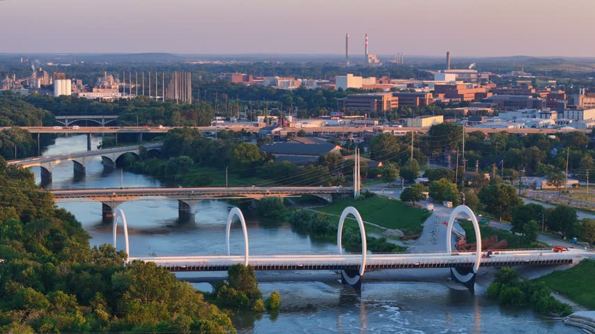 Expansive aerial perspective of the White River bridges and the Indianapolis cityscape in Indiana