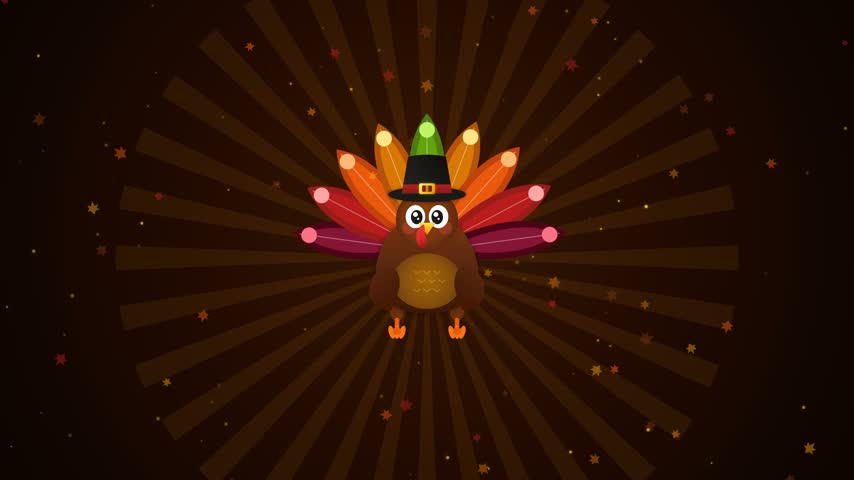 Seamless loop of a cute cartoon turkey character wearing a pilgrim hat on a brown rotating radial sunburst background with floating stars for Thanksgiving celebrations.