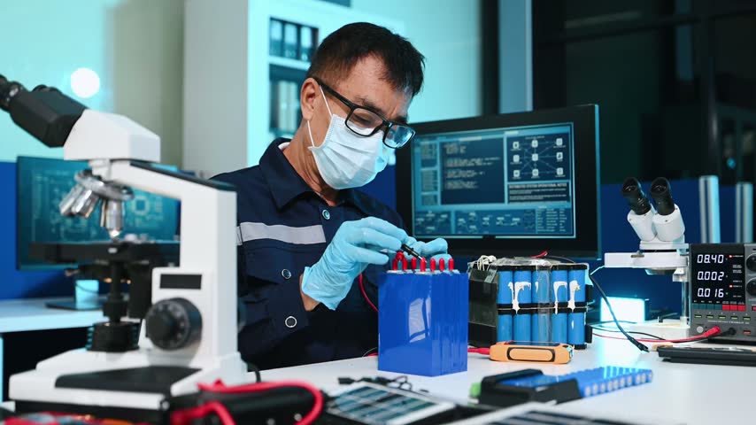 Professional engineer testing a lithium battery pack in a modern lab. Concept of renewable energy storage, EV technology	
