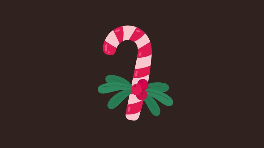 Festive candy cane illustration with classic red and white stripes, decorated with bright holly berries