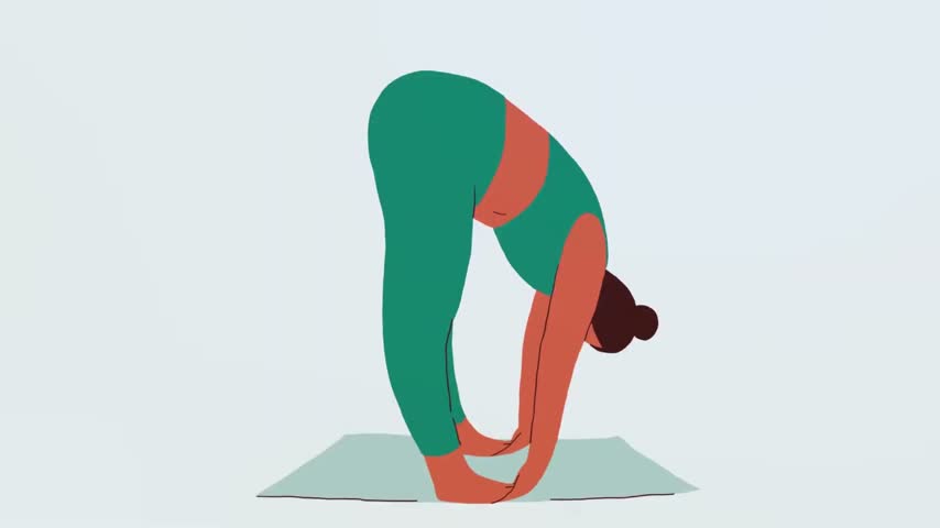Woman practicing yoga standing forward bend pose vector animation footage for wellness and relaxation projects