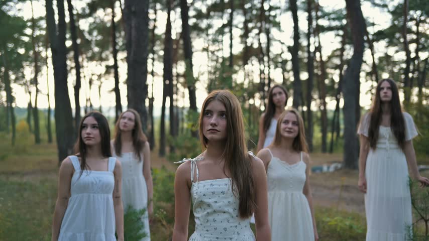 Women dressed in white gowns stand together in a forest, with trees surrounding them and soft light creating a serene ambiance