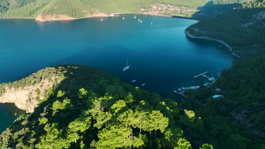 Aerial view of a bay with lush green forest, blue water, and several docked and sailing boats.
