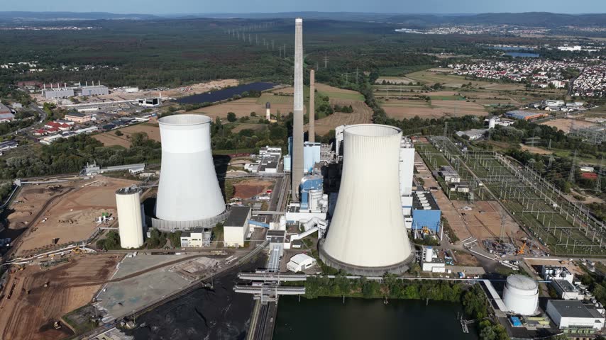 Aerial view of powerplant Staudinger on the Main River in Hesse, Germany, a conventional power plant site transitioning from coal and gas toward hydrogen-ready energy generation.
