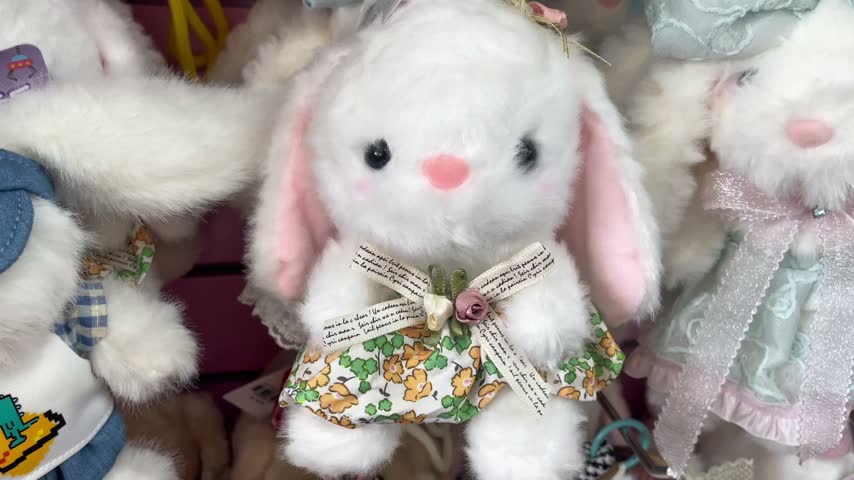 Cute white rabbit plush toys and stuffed animal keychains. Adorable fluffy bunny doll keyrings dressed in colorful floral pattern dresses, alongside retail gift shop accessory displays. Close-up view of soft plushies with pink ears, decorative ribbon bows with roses, and miniature lace hanging on a display rack.