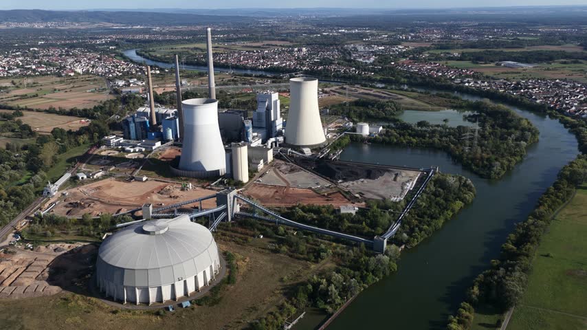 Aerial view of powerplant Staudinger on the Main River in Hesse, Germany, a conventional power plant site transitioning from coal and gas toward hydrogen-ready energy generation.