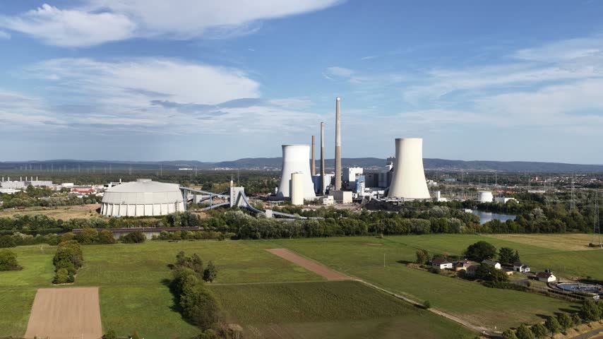 Aerial view of powerplant Staudinger on the Main River in Hesse, Germany, a conventional power plant site transitioning from coal and gas toward hydrogen-ready energy generation.