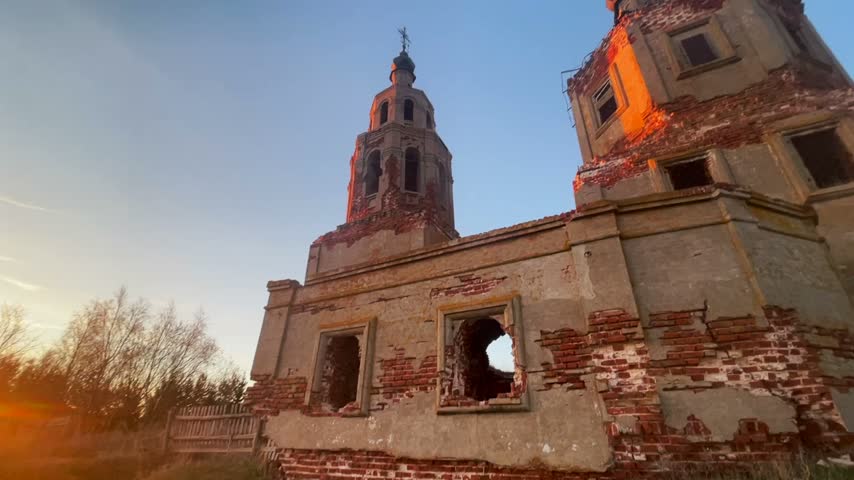 Ruined orthodox church at the sunset